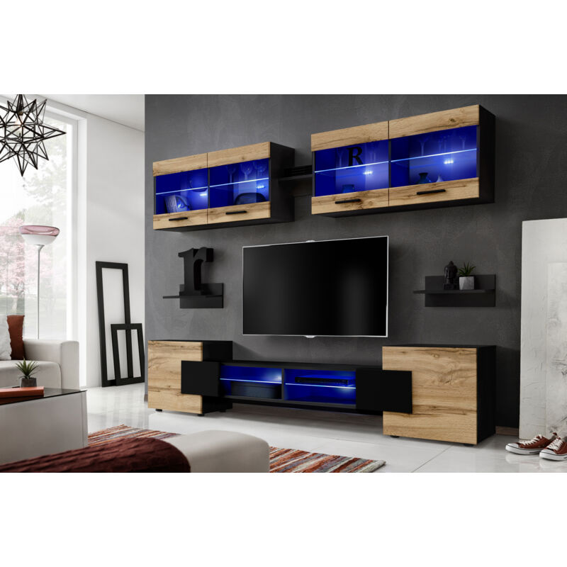 Komodee - Ensembles de Meubles rtv Foggia, Façade Wotan Mat/Corps Noir Mat, Largeur 230cm x Hauteur 195cm x Profondeur 35cm, sans led, pour Salon,