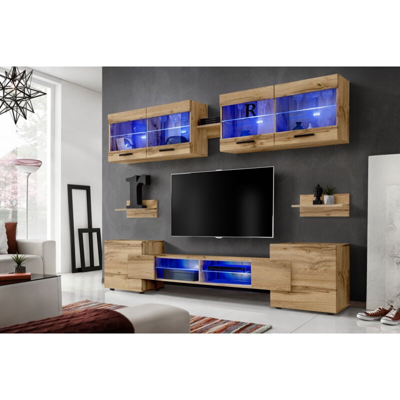 Komodee - Ensembles de Meubles rtv Foggia, Façade Wotan Mat/Corps Wotan Mat, Largeur 230cm x Hauteur 195cm x Profondeur 35cm, led Bleues, pour Salon,