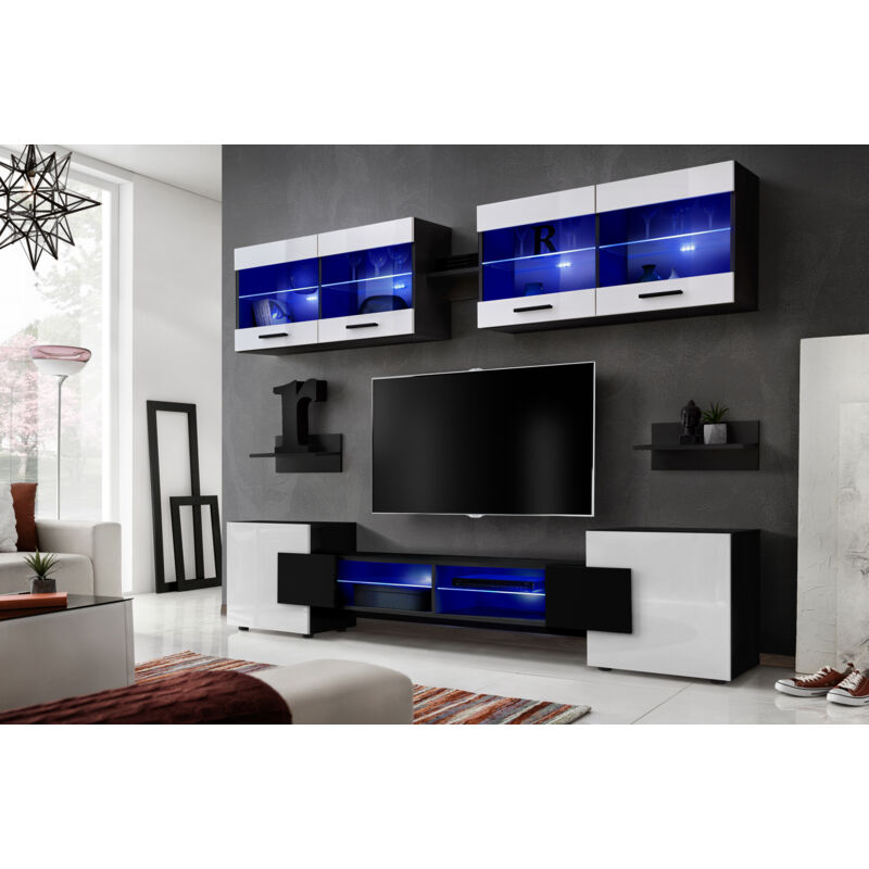 Komodee - Ensembles de Meubles rtv Foggia, Façade Brillant Blanc/Corps Noir Mat, Largeur 230cm x Hauteur 195cm x Profondeur 35cm, led Bleues, pour