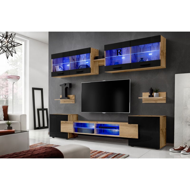 Komodee - Ensembles de Meubles rtv Foggia, Façade Brillant Noir/Corps Wotan Mat, Largeur 230cm x Hauteur 195cm x Profondeur 35cm, sans led, pour