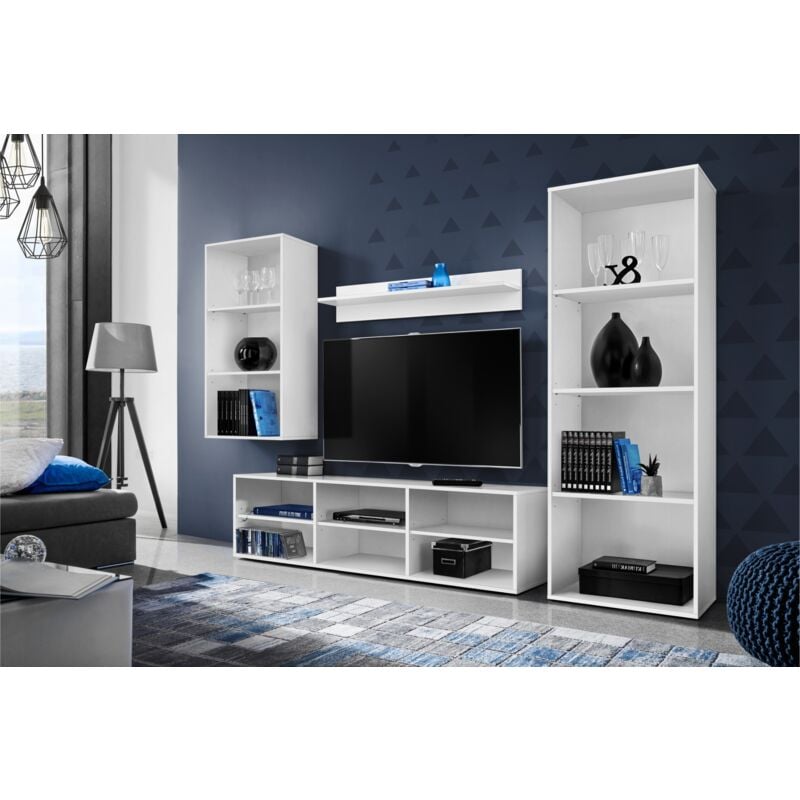 komodee, Ensembles de Meubles RTV Taranto Medio, Blanc, Largeur 245cm x Hauteur 159cm x Profondeur 33,5cm, sans LED, pour Salon, Chambre, Bureau