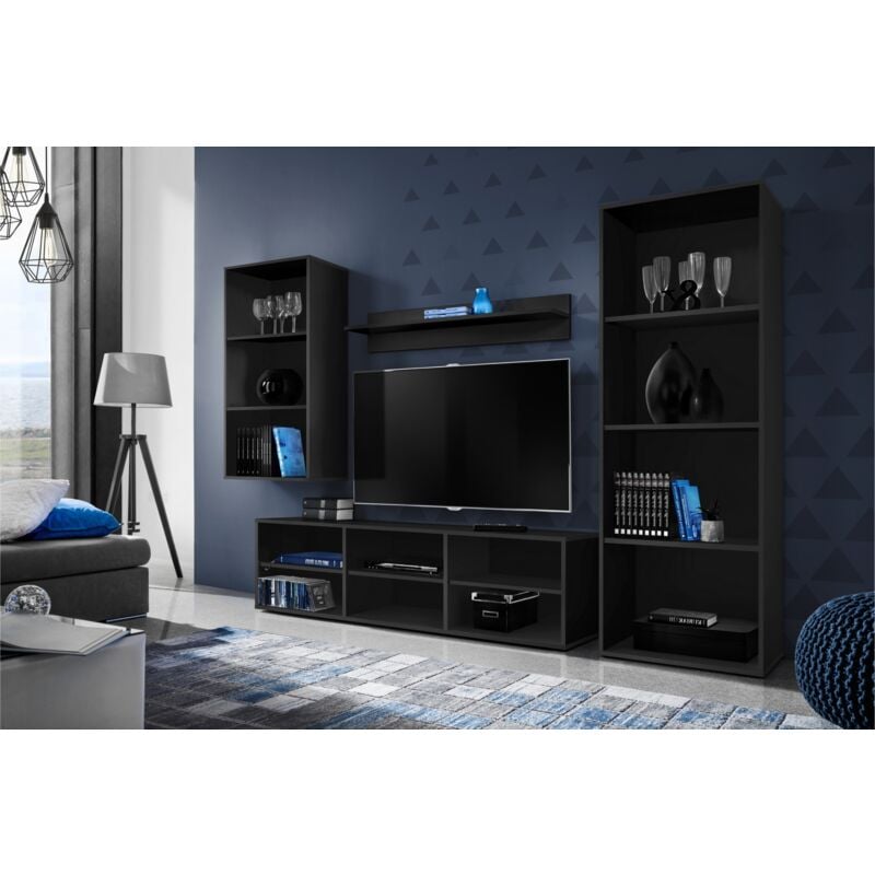 Ensembles de Meubles rtv Taranto Medio, Noir, Largeur 245cm x Hauteur 159cm x Profondeur 33,5cm, sans led, pour Salon, Chambre, Bureau - Komodee