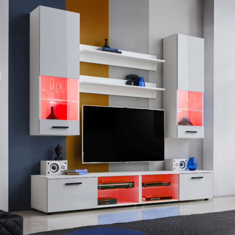 Komodee, Ensembles de Meubles RTV Varallo, Blanc/Blanc, Largeur 200cm x Hauteur 195cm x Profondeur 45cm, LED RGB, pour Salon, Chambre