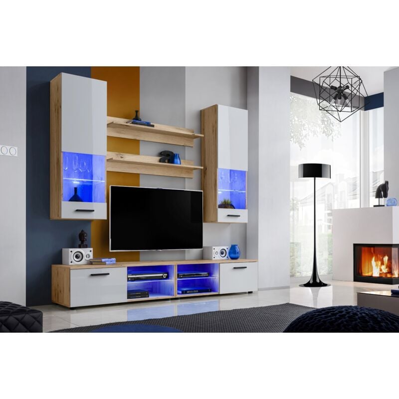Ensembles de Meubles rtv Varallo, Wotan/Blanc, Largeur 200cm x Hauteur 195cm x Profondeur 45cm, sans led, pour Salon, Chambre - Komodee