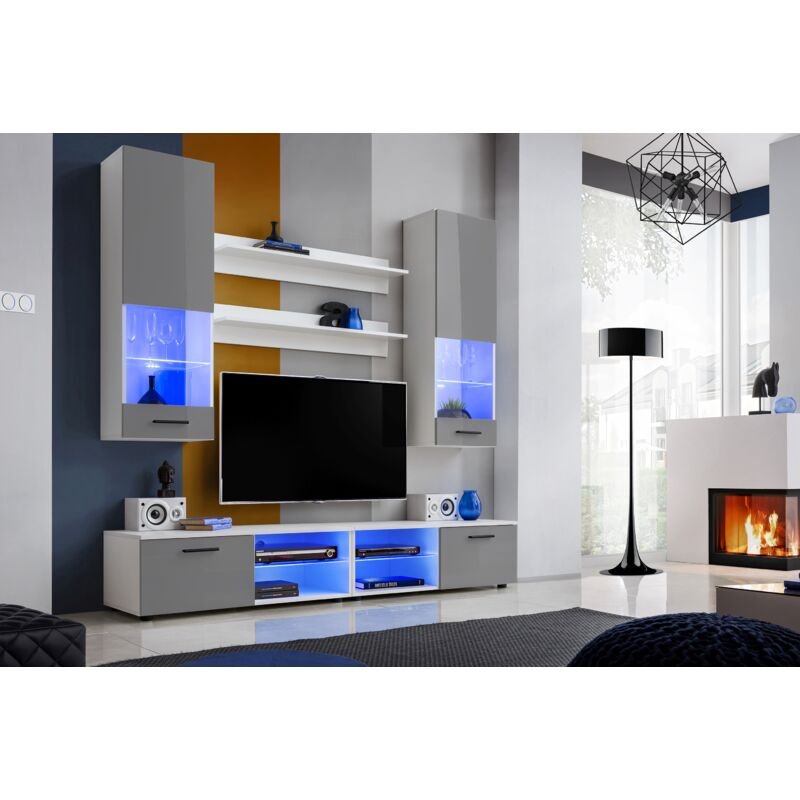 Ensembles de Meubles rtv Varallo, Blanc/Gris, Largeur 200cm x Hauteur 195cm x Profondeur 45cm, led Bleues, pour Salon, Chambre - Komodee