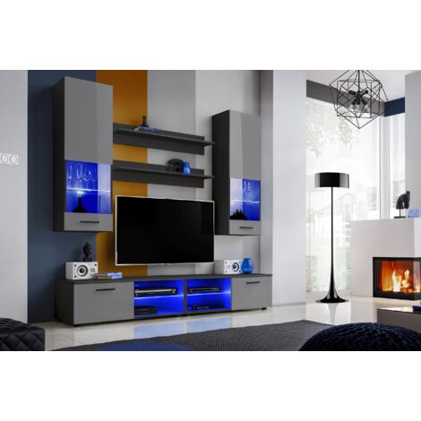 Komodee, Ensembles de Meubles RTV Varallo, Noir/Gris, Largeur 200cm x Hauteur 195cm x Profondeur 45cm, sans LED, pour Salon, Chambre