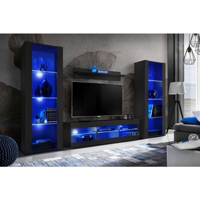 Komodee - Ensemble de Meubles Tivoli Grande, Noir/Noir, Largeur 250cm x Hauteur 159cm x Profondeur 35cm, led Blu, 3 étagères, pour Salon, Chambre,