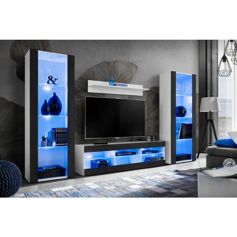 Ensemble de Meubles Tivoli Grande, Blanc/Noir, Largeur 250cm x Hauteur 159cm x Profondeur 35cm, led Blu, 3 étagères, pour Salon, Chambre, Entrée