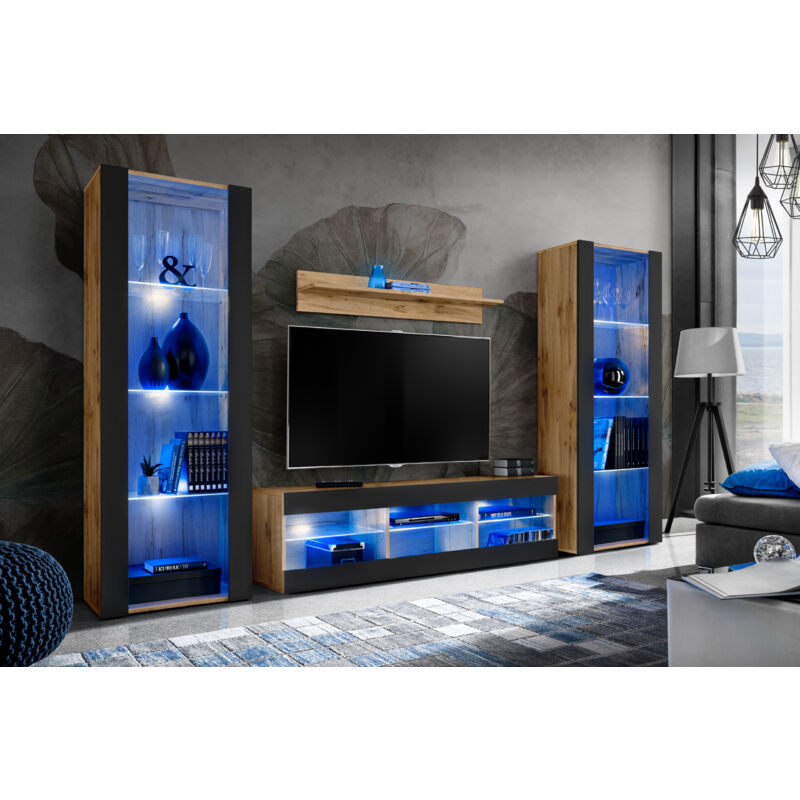 Ensemble de Meubles Tivoli Grande, Wotan/Noir, Largeur 250cm x Hauteur 159cm x Profondeur 35cm, led Blu, 3 étagères, pour Salon, Chambre, Entrée