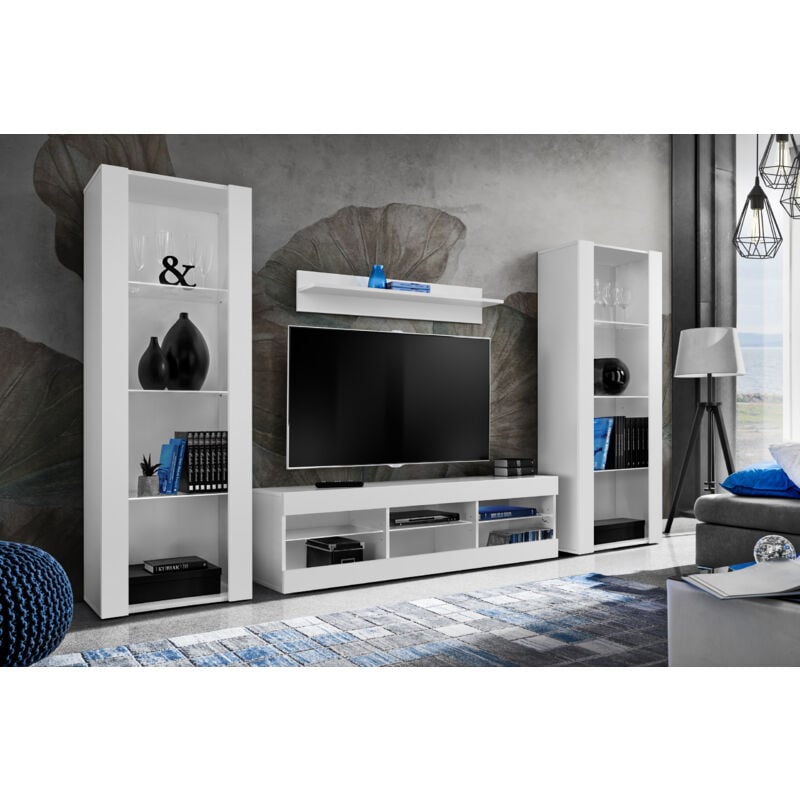 Ensemble de Meubles Tivoli Grande, Blanc/Blanc, Largeur 250cm x Hauteur 159cm x Profondeur 35cm, sans led, 3 étagères, pour Salon, Chambre, Entrée