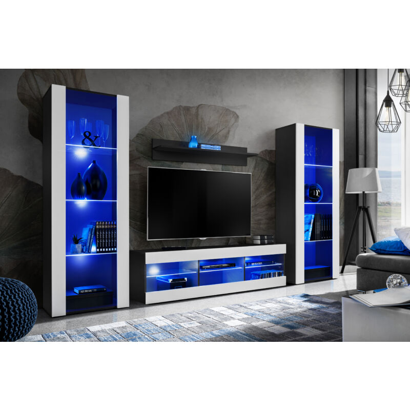 Ensemble de Meubles Tivoli Grande, Noir/Blanc, Largeur 250cm x Hauteur 159cm x Profondeur 35cm, led Blu, 3 étagères, pour Salon, Chambre, Entrée