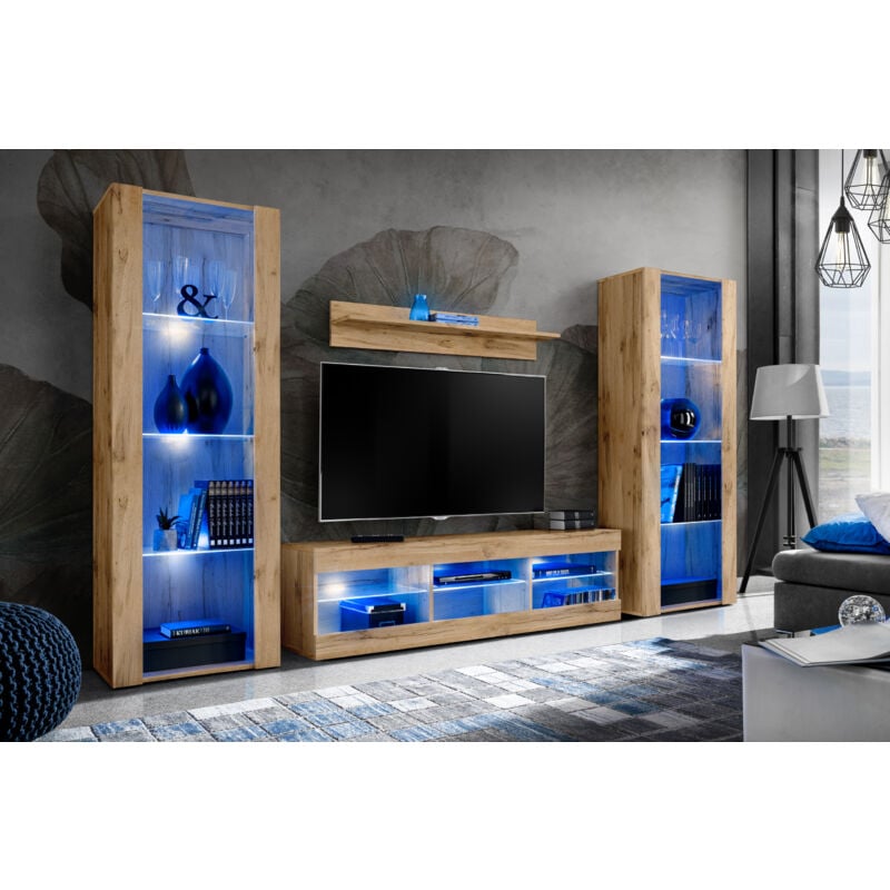 Komodee Ensemble de Meubles Tivoli Grande, Wotan/Wotan, Largeur 250cm x Hauteur 159cm x Profondeur 35cm, LED Blu, 3 étagères, pour Salon, Chambre,