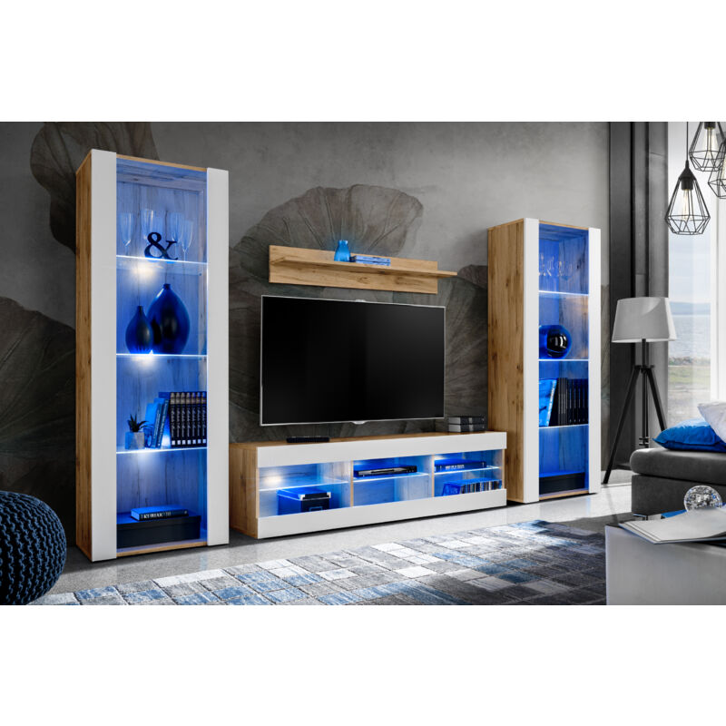 Komodee - Ensemble de Meubles Tivoli Grande, Wotan/Blanc, Largeur 250cm x Hauteur 159cm x Profondeur 35cm, led Blu, 3 étagères, pour Salon, Chambre,