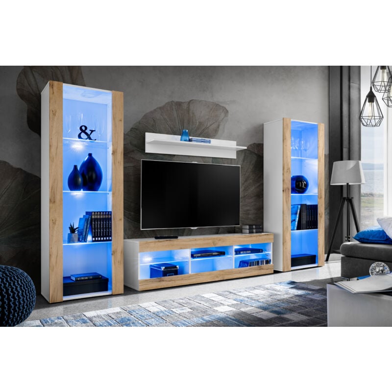 Ensemble de Meubles Tivoli Grande, Blanc/Wotan, Largeur 250cm x Hauteur 159cm x Profondeur 35cm, led Blu, 3 étagères, pour Salon, Chambre, Entrée