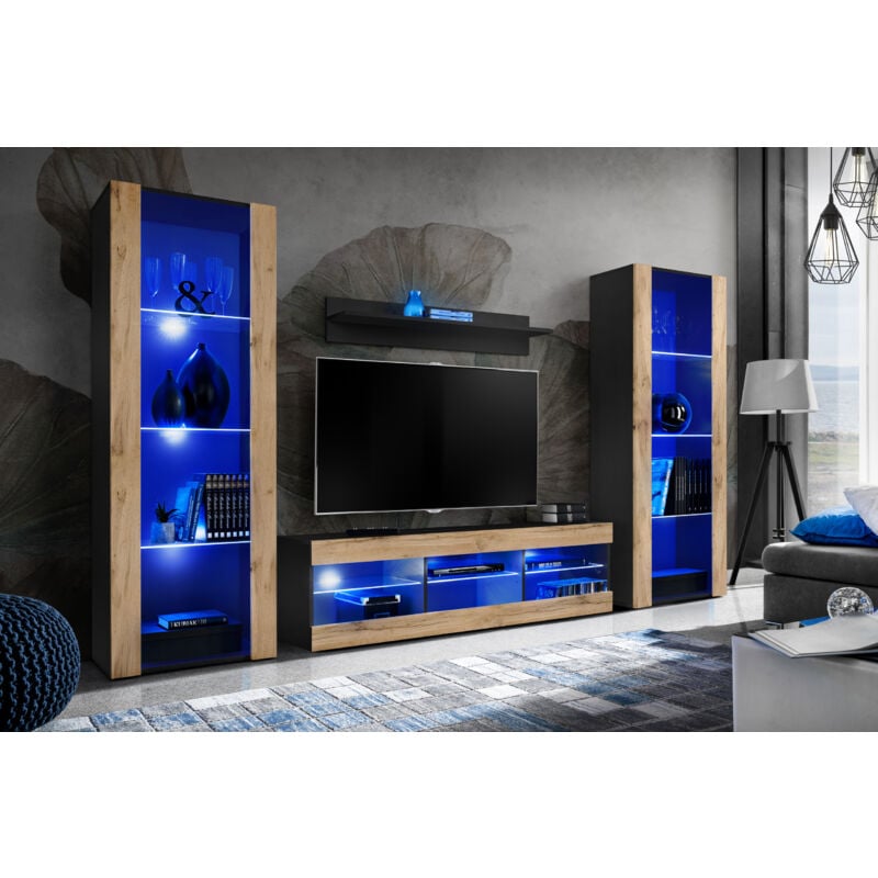 Ensemble de Meubles Tivoli Grande, Noir/Wotan, Largeur 250cm x Hauteur 159cm x Profondeur 35cm, led Blu, 3 étagères, pour Salon, Chambre, Entrée