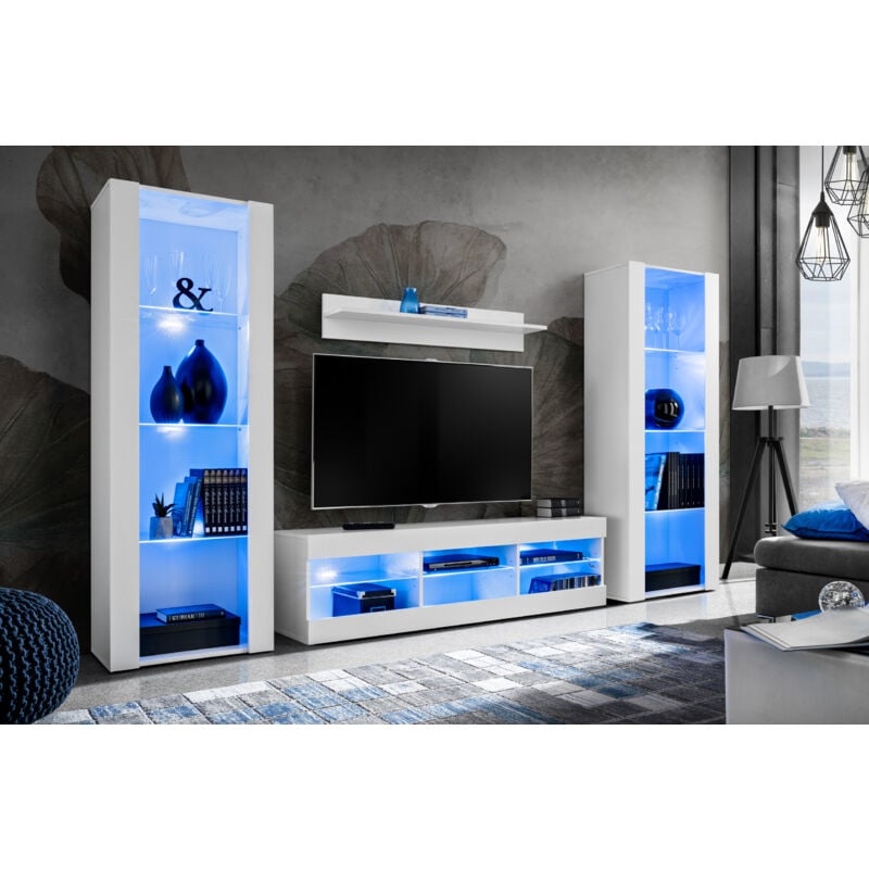 Komodee - Ensemble de Meubles Tivoli Grande, Blanc/Blanc, Largeur 250cm x Hauteur 159cm x Profondeur 35cm, led Blu, 3 étagères, pour Salon, Chambre,