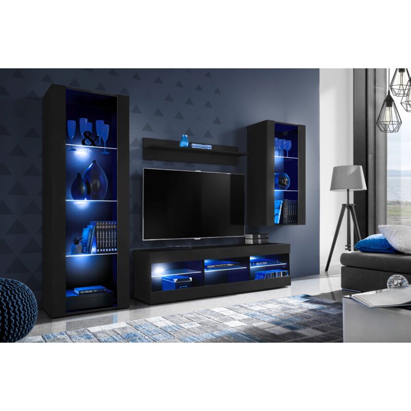 Ensemble de Meubles Tivoli Medio, Noir/Noir, Largeur 245cm x Hauteur 159cm x Profondeur 35cm, led Blu, 3 étagères, pour Salon, Chambre, Entrée