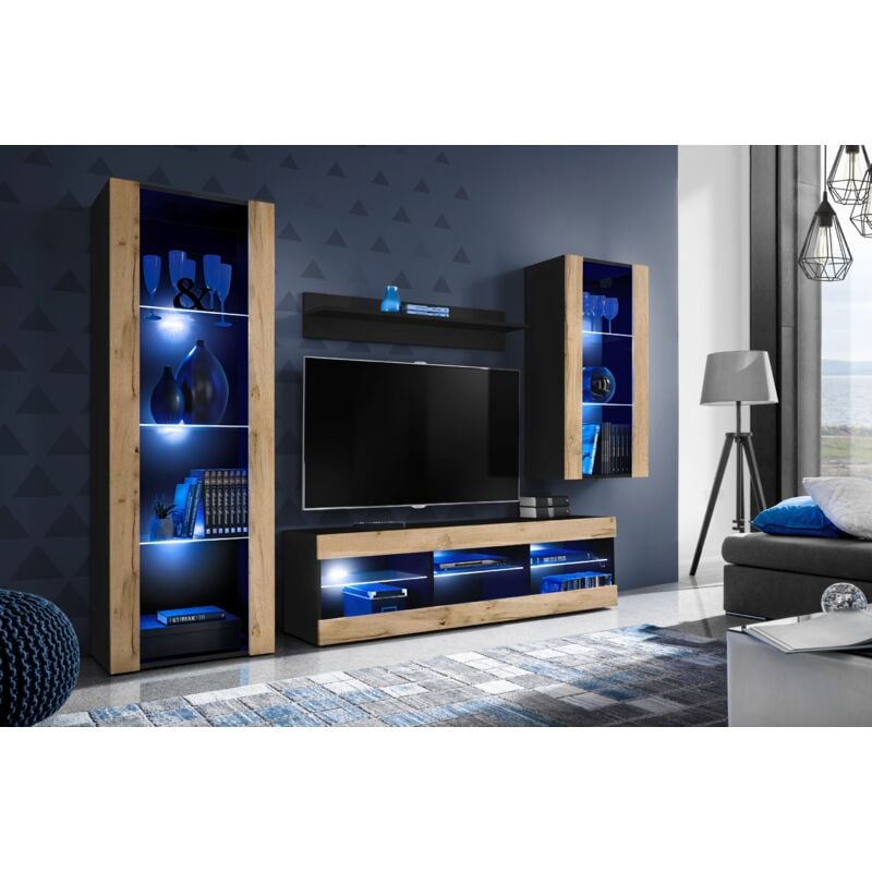 Ensemble de Meubles Tivoli Medio, Noir/Wotan, Largeur 245cm x Hauteur 159cm x Profondeur 35cm, led Blu, 3 étagères, pour Salon, Chambre, Entrée