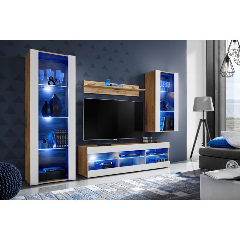 Ensemble de Meubles Tivoli Medio, Wotan/Blanc, Largeur 245cm x Hauteur 159cm x Profondeur 35cm, led Blu, 3 étagères, pour Salon, Chambre, Entrée
