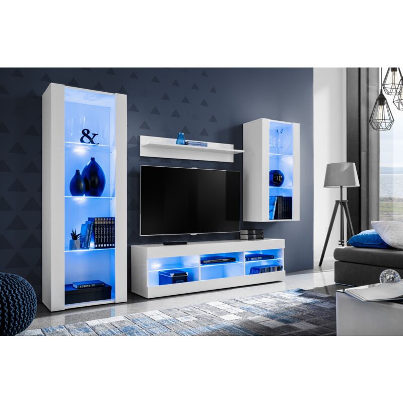 Ensemble de Meubles Tivoli Medio, Blanc/Blanc, Largeur 245cm x Hauteur 159cm x Profondeur 35cm, led Blu, 3 étagères, pour Salon, Chambre, Entrée