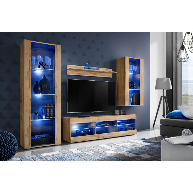 Ensemble de Meubles Tivoli Medio, Wotan/Wotan, Largeur 245cm x Hauteur 159cm x Profondeur 35cm, led Blu, 3 étagères, pour Salon, Chambre, Entrée