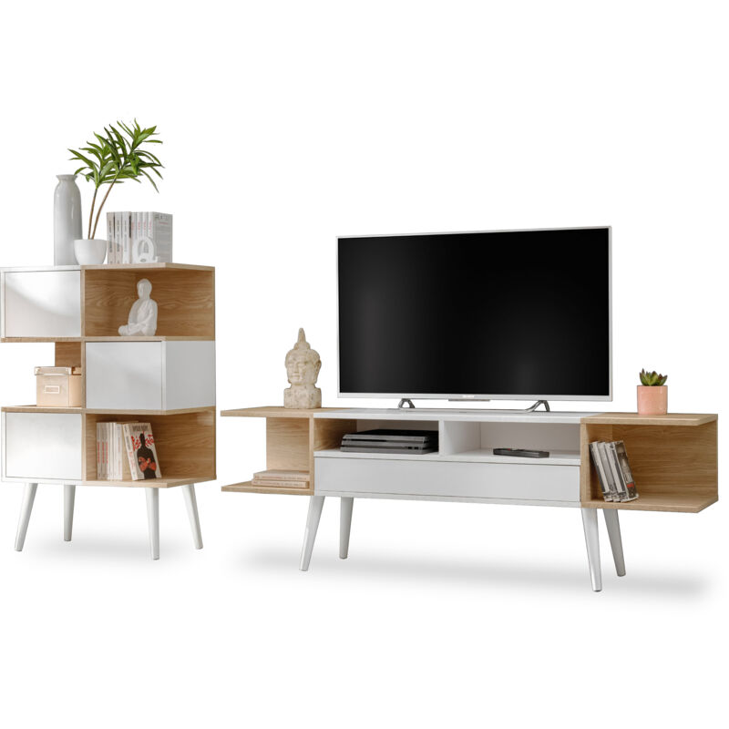 Forio Ensemble de Meubles Mural tv, Blanc-Chêne, 232x35x102 cm, Meuble tv et Étagère, pour Salon, Salle à Manger et Chambre - Komodee