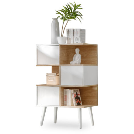 komodee Forio Buffet Étagère, blanc chêne, avec portes et 6 niches, 70x35x102 cm, pour salon, salle à manger et chambre