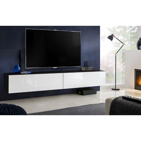 Komodee, Meuble Banc TV Loreto, Façade Brillant Blanc/Corps Noir Mat, Largeur 200 cm x Hauteur 30 cm x Profondeur 41,5 cm, Style Moderne/Minimaliste, pour Salon, Chambre