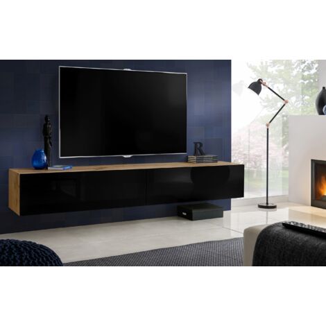 Komodee, Meuble Banc TV Loreto, Façade Brillant Noir/Corps Wotan Mat, Largeur 200 cm x Hauteur 30 cm x Profondeur 41,5 cm, Style Moderne/Minimaliste, pour Salon, Chambre