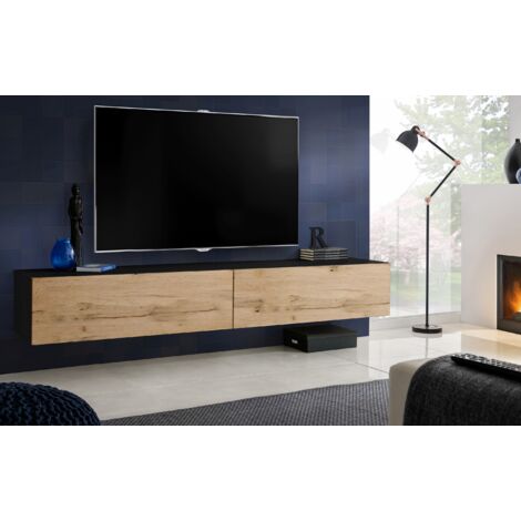 Komodee, Meuble Banc TV Loreto, Façade Wotan Mat/Corps Noir Mat, Largeur 200 cm x Hauteur 30 cm x Profondeur 41,5 cm, Style Moderne/Minimaliste, pour Salon, Chambre