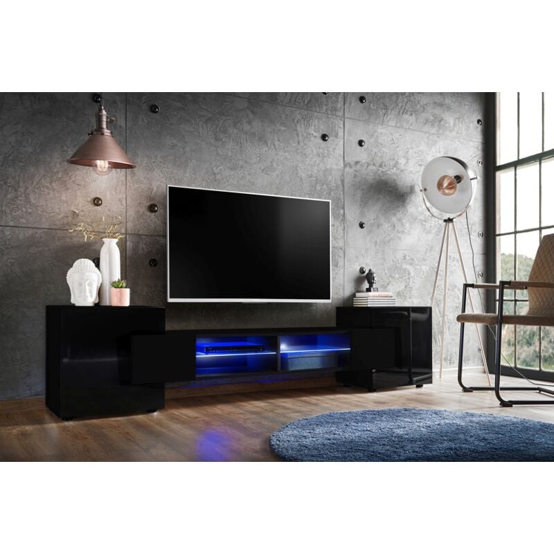 Meuble Banc tv Merano, Black/Black/Black, Éclairage led Bleu, Largeur 230 cm x Hauteur 52,5 cm x Profondeur 35 cm, sans led, pour Salon, Chambre