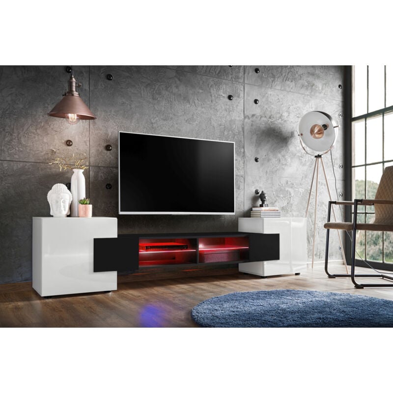 Meuble Banc tv Merano, White/Black/White, Éclairage led Multicolore, Largeur 230 cm x Hauteur 52,5 cm x Profondeur 35 cm, sans led, pour Salon,
