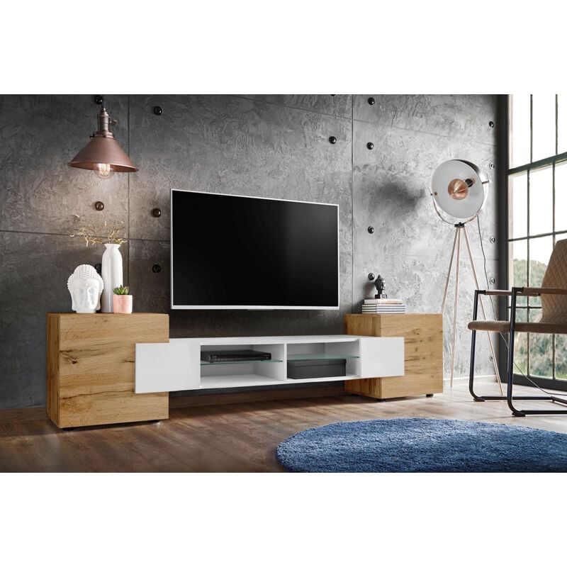 Meuble Banc tv Merano, Wotan/White/Wotan, Largeur 230 cm x Hauteur 52,5 cm x Profondeur 35 cm, sans led, pour Salon, Chambre - Komodee