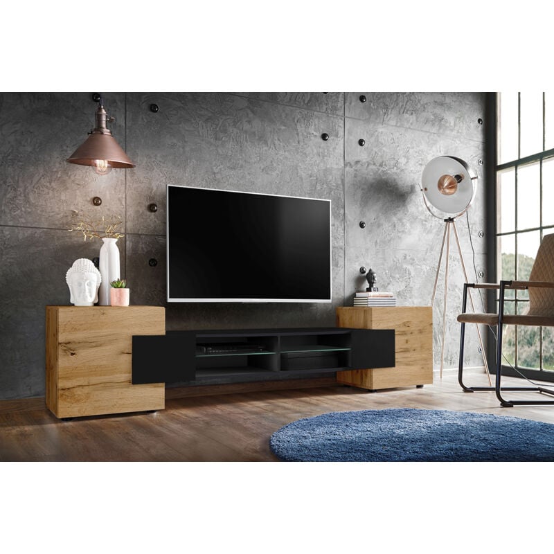 Meuble Banc tv Merano, Wotan/Black/Wotan, Largeur 230 cm x Hauteur 52,5 cm x Profondeur 35 cm, sans led, pour Salon, Chambre - Komodee