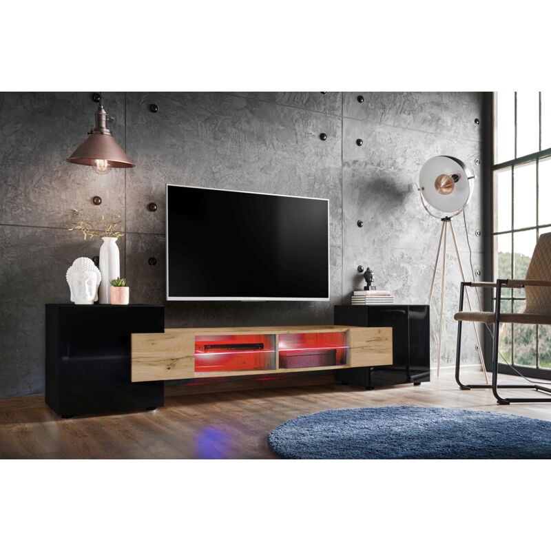 Meuble Banc tv Merano, Black/Wotan/Black, Éclairage led Multicolore, Largeur 230 cm x Hauteur 52,5 cm x Profondeur 35 cm, sans led, pour Salon,
