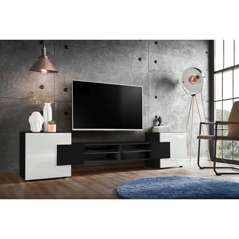Meuble Banc tv Merano, Black/Black/White, Largeur 230 cm x Hauteur 52,5 cm x Profondeur 35 cm, sans led, pour Salon, Chambre - Komodee
