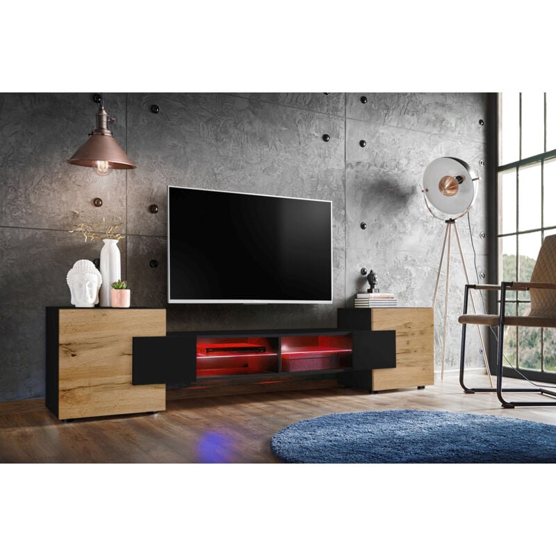 Meuble Banc tv Merano, Black/Black/Wotan, Éclairage led Multicolore, Largeur 230 cm x Hauteur 52,5 cm x Profondeur 35 cm, sans led, pour Salon,