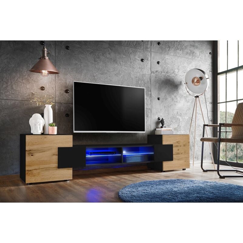 Komodee, Meuble Banc TV Merano, Black/Black/Wotan, Éclairage LED Bleu, Largeur 230 cm x Hauteur 52,5 cm x Profondeur 35 cm, sans LED, pour Salon,
