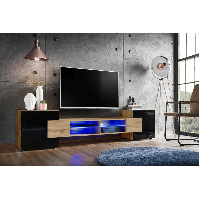 Meuble Banc tv Merano, Wotan/Wotan/Black, Éclairage led Bleu, Largeur 230 cm x Hauteur 52,5 cm x Profondeur 35 cm, sans led, pour Salon, Chambre