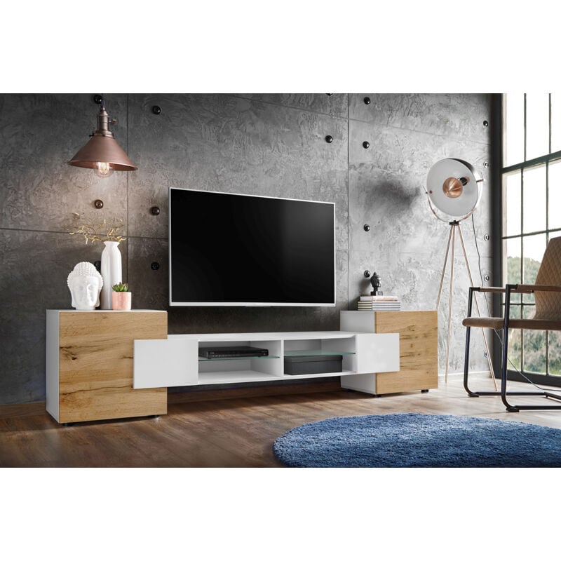 Meuble Banc tv Merano, White/White/Wotan, Largeur 230 cm x Hauteur 52,5 cm x Profondeur 35 cm, sans led, pour Salon, Chambre - Komodee
