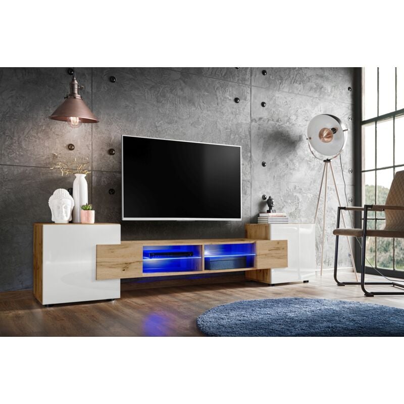 Meuble Banc tv Merano, Wotan/Wotan/White, Éclairage led Bleu, Largeur 230 cm x Hauteur 52,5 cm x Profondeur 35 cm, sans led, pour Salon, Chambre
