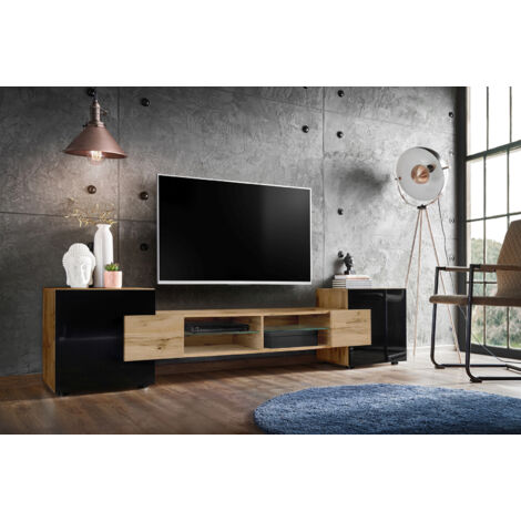 Komodee, Meuble Banc TV Merano, Wotan/Wotan/Black, Largeur 230 cm x Hauteur 52,5 cm x Profondeur 35 cm, sans LED, pour Salon, Chambre