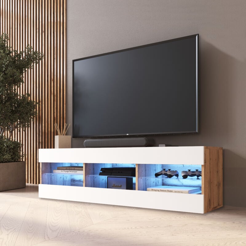 Meuble Banc tv Tivoli 140, Wotan/Blanc, Largeur 140cm x Hauteur 40,5cm x Profondeur 35cm, led Bleues, pour Salon, Chambre - Komodee