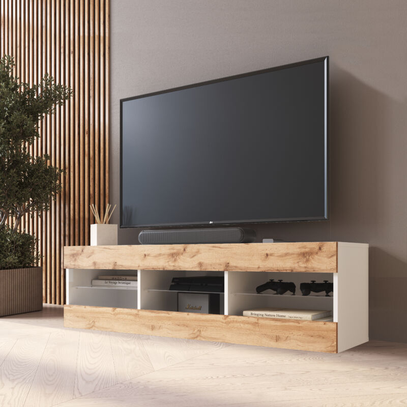 Komodee - Meuble Banc tv Tivoli 140, Blanc/Wotan, Largeur 140cm x Hauteur 40,5cm x Profondeur 35cm, sans led, pour Salon, Chambre
