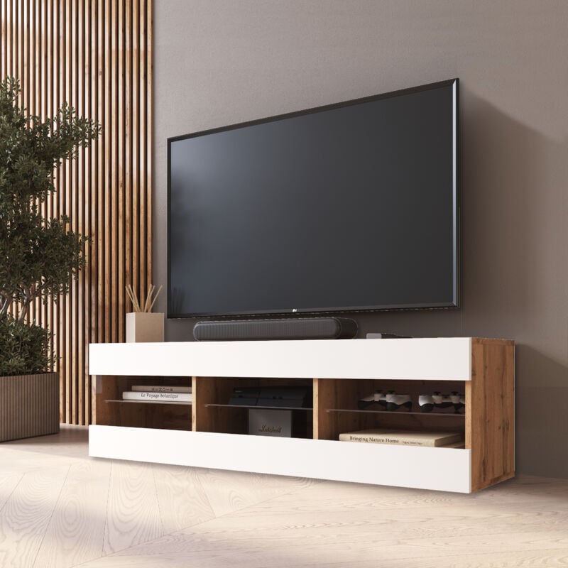 Komodee - Meuble Banc tv Tivoli 140, Wotan/Blanc, Largeur 140cm x Hauteur 40,5cm x Profondeur 35cm, sans led, pour Salon, Chambre