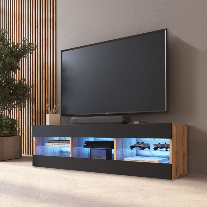 Meuble Banc tv Tivoli 140, Wotan/Noir, Largeur 140cm x Hauteur 40,5cm x Profondeur 35cm, led Bleues, pour Salon, Chambre - Komodee