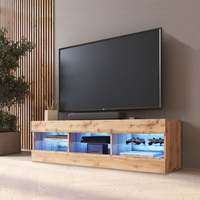 Meuble Banc tv Tivoli 140, Wotan/Wotan, Largeur 140cm x Hauteur 40,5cm x Profondeur 35cm, led Bleues, pour Salon, Chambre - Komodee