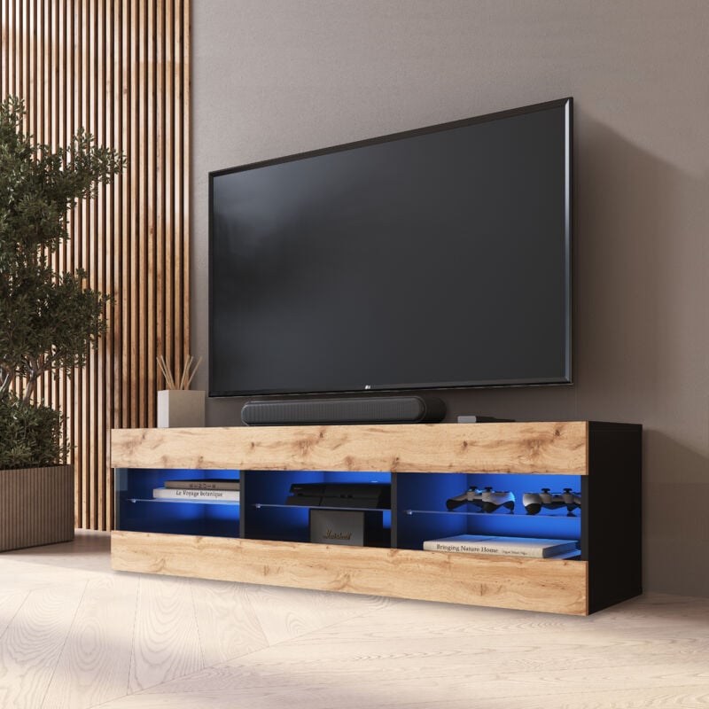 Komodee, Meuble Banc TV Tivoli 140, Noir/Wotan, Largeur 140cm x Hauteur 40,5cm x Profondeur 35cm, LED Bleues, pour Salon, Chambre