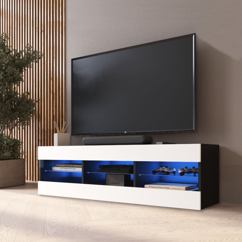 Meuble Banc tv Tivoli 140, Noir/Blanc, Largeur 140cm x Hauteur 40,5cm x Profondeur 35cm, led Bleues, pour Salon, Chambre - Komodee