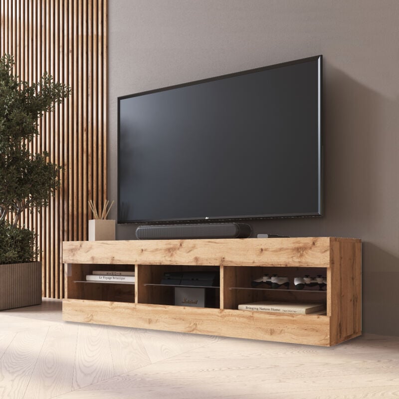 Komodee - Meuble Banc tv Tivoli 140, Wotan/Wotan, Largeur 140cm x Hauteur 40,5cm x Profondeur 35cm, sans led, pour Salon, Chambre